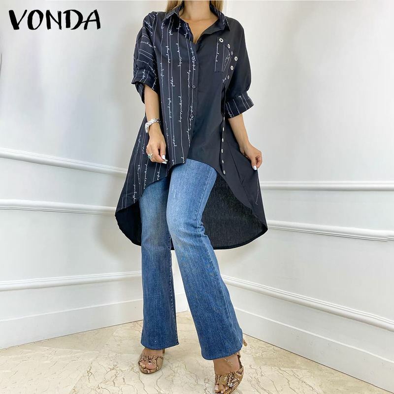 ผู้หญิง Elegant เสื้อ VONDA 2021หญิงสบายๆครึ่งแขนเสื้อพิมพ์ลายเสื้อหญิงเซ็กซี่เข็มขัด Lapel คอไม่สม่ำเส...