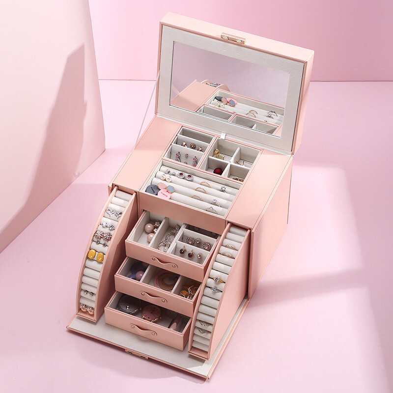 2020 novo design grande caixa de jóias com espelho de couro do plutônio colar anel brinco organizador caixa de armazenamento feminino menina jóias caixão