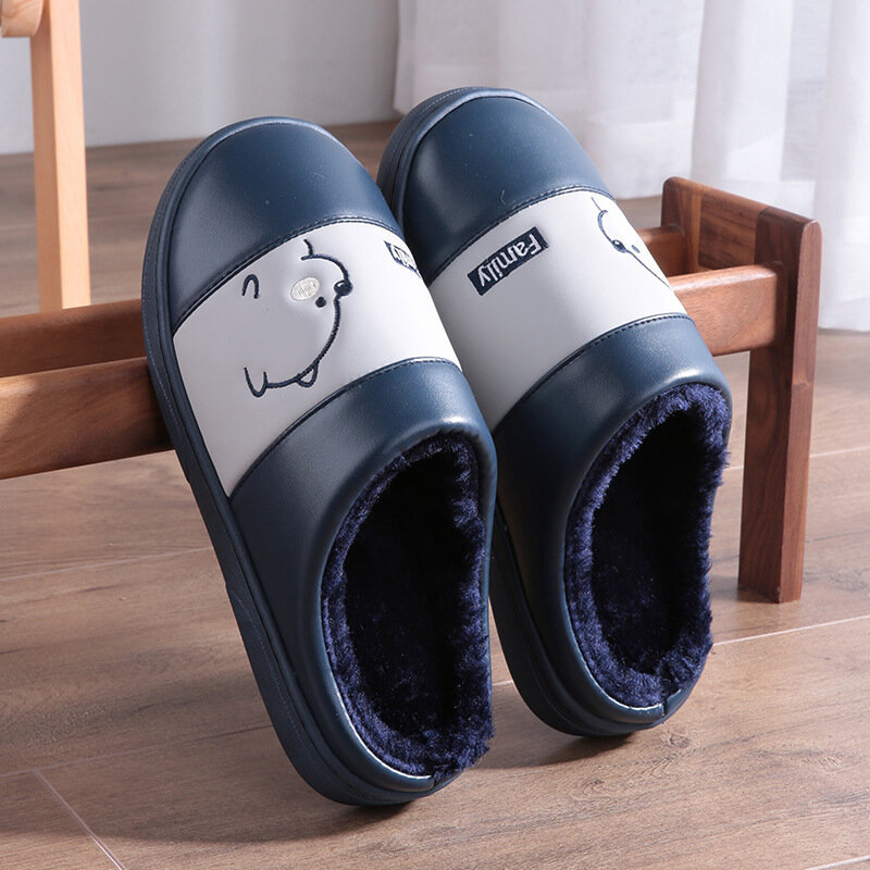Pu Fur Waterproof Autumn And Winter Male Cotton Slippers Casual Indoor And Warmth Male Slippers Cute Cartoon Female Slippers
