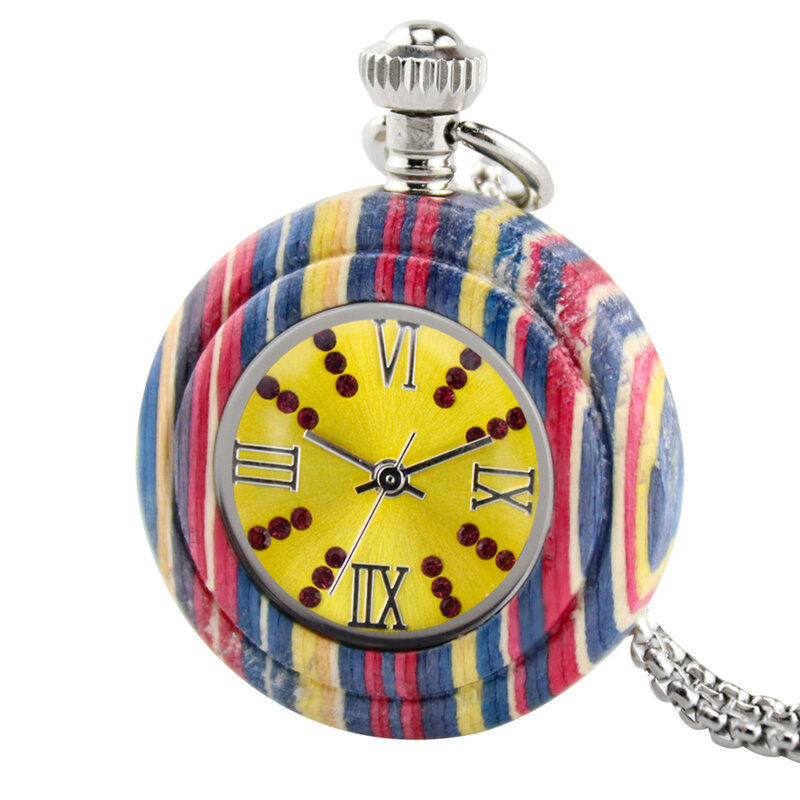 Novel Colorful Bamboo Wood Quartz Pocket Watch Arabic Numerals Round Dial Wooden Pendant Pocket Clock Men Women with Chain