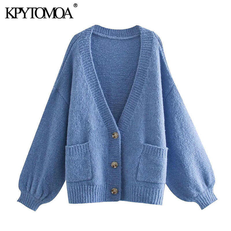 Kpytomoa 2021 moda feminina com bolsos oversized malha cardigan camisola do vintage manga longa feminino outerwear chic topos