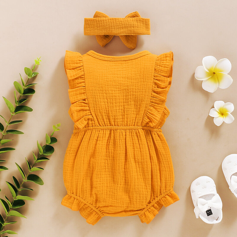 New Summer Baby Girls pagliaccetto + fascia in cotone e lino con volant pagliaccetti per neonati senza maniche vestiti per neonati