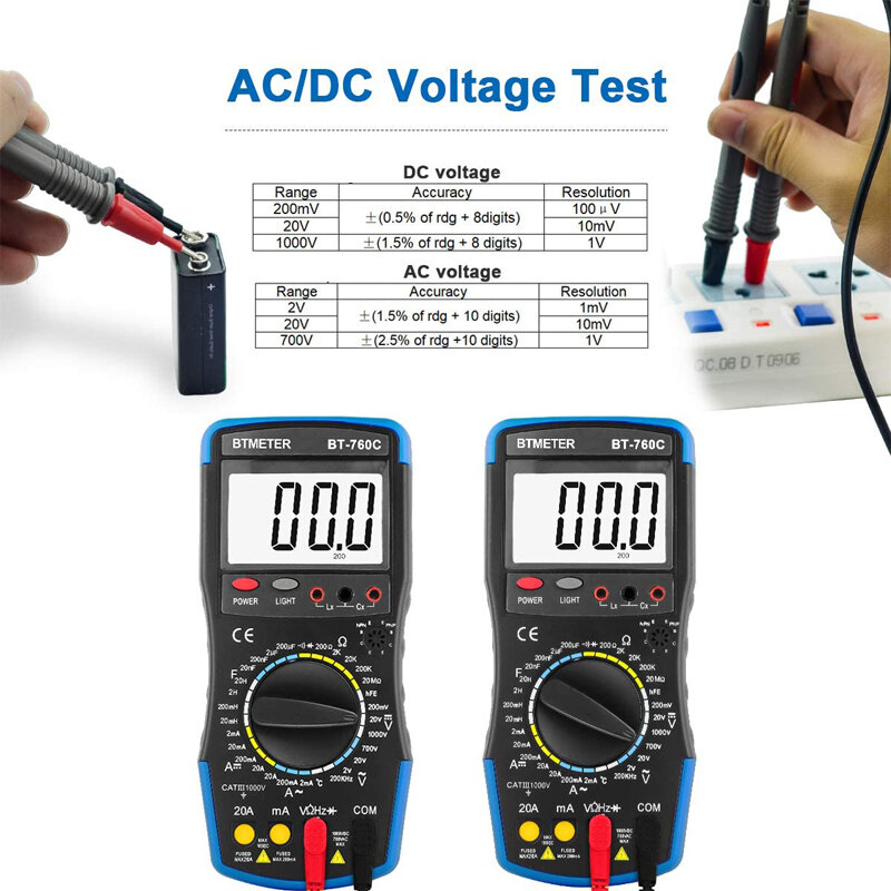 Multímetro Digital de BT-760C Voltios/ohmios, probador de resistencia, capacitancia, frecuencia, inductancia, pruebas de diodos, corriente CC/CA
