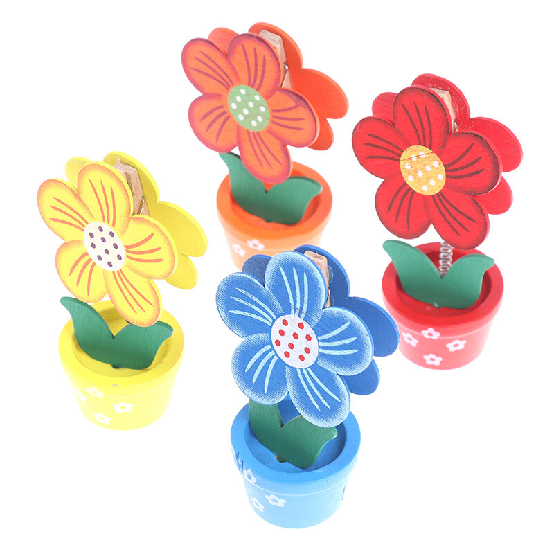 1Pc Wooden Flower Pot Crafts Memo Clamp Photo Clip Note Holder For Office Study Room Decoration