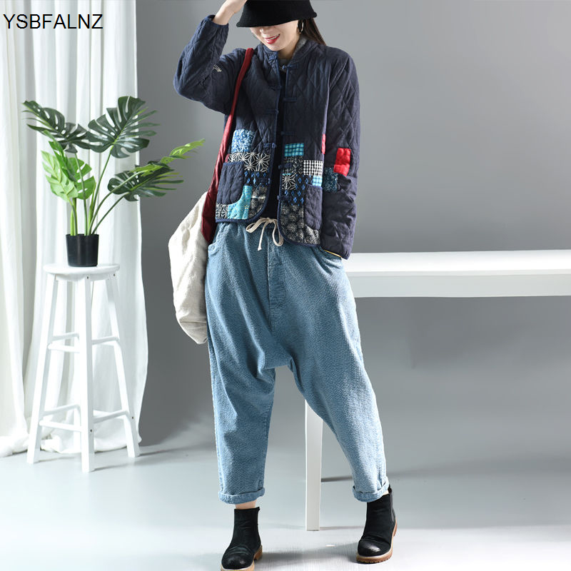 Autumn And Spring Art Style Women's Long-sleeved Retro Short Jacket Patchwork Cotton And Linen Single-breasted Padded Jacket