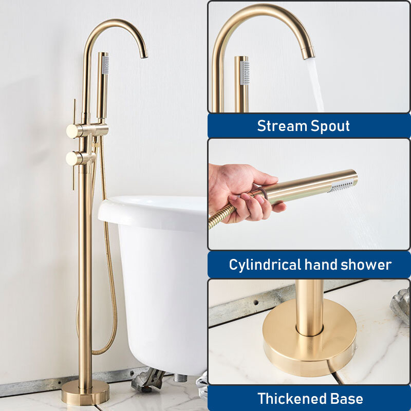 SHBSHAIMY Brushed Golden Bathtub Floor Stand Faucet Mixer Single Handle Tap Two Function 360 Rotation Spout With ABS Handshower