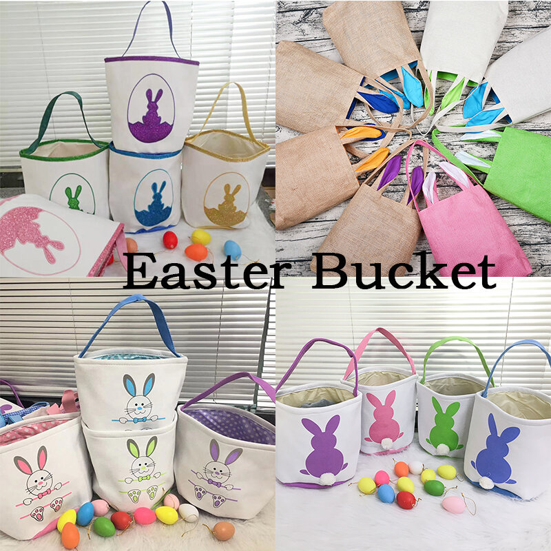 1pcs New Cute Easter Bunny Basket Monogram Canvas Buckets Egg Candy Baskets Happy Easter Party Decoration For Kids Tote Bag