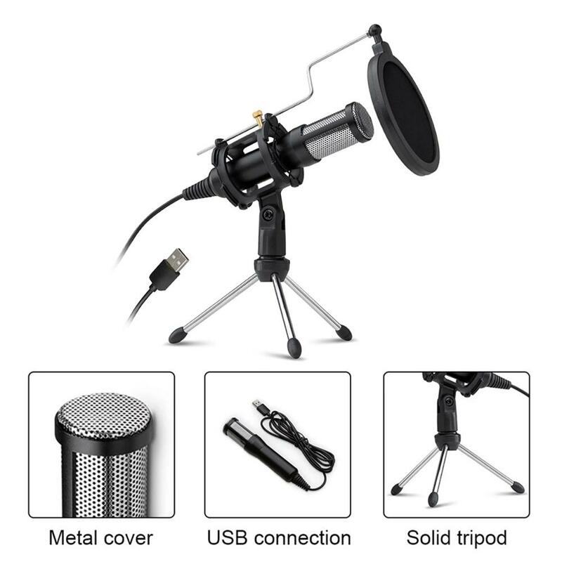 Professional Condenser Microphone for Computer Laptop PC USB Plug Stand Studio Podcasting Recording Karaoke Mic