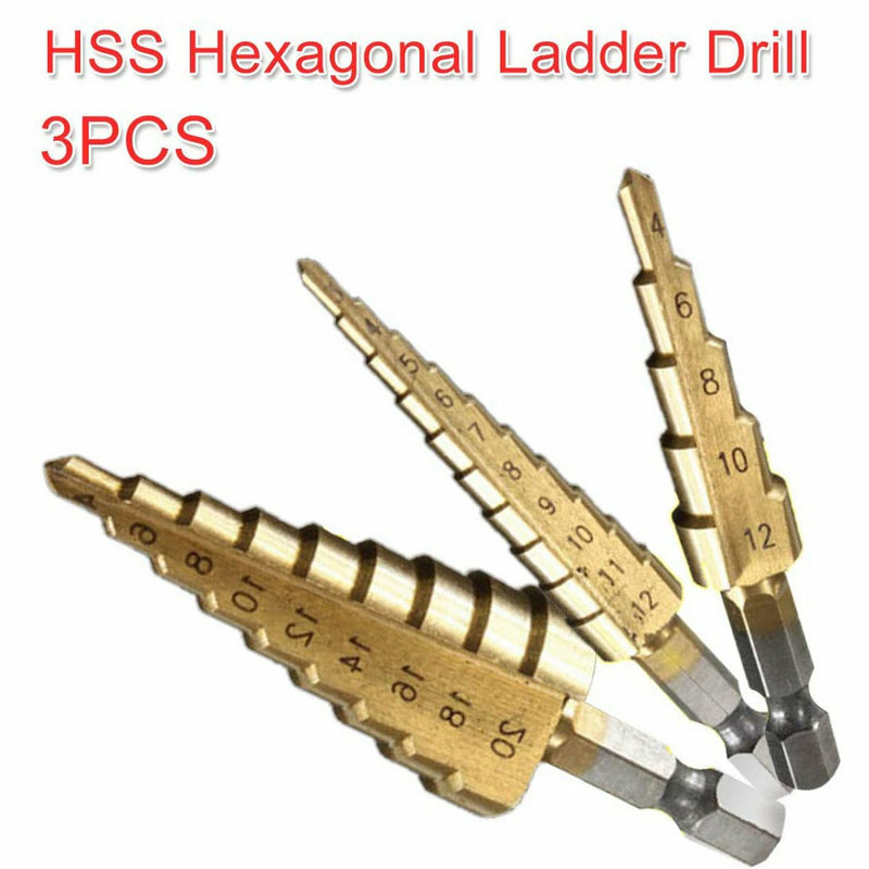 3pcs HSS 티타늄 스텝 드릴 비트 3-12mm 4-12mm 4-20mm 스텝 콘 커팅 도구 철강 목공 목재 금속 드릴링 세트