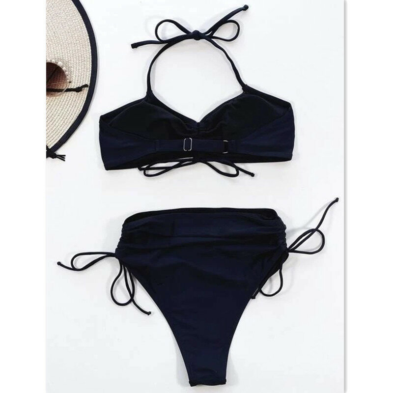 CPUTAN Geraffte Bikini 2022 Mujer Hohe Taille Badeanzug Weibliche Schwarz Bademode Kordelzug Schwimmen Anzug für Frauen Brazilian Biquinis