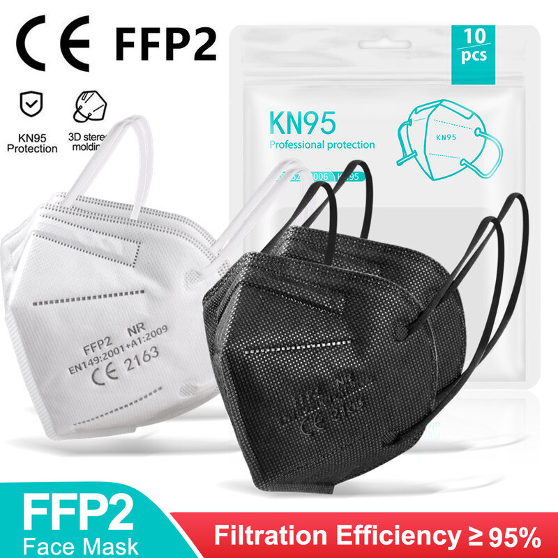 Mascarillas FFP2 reutilizables, máscara facial protectora de 5 capas, disponible en color blanco y negro, dispone de certificado CE, KN95, de 5 a 100 uds.