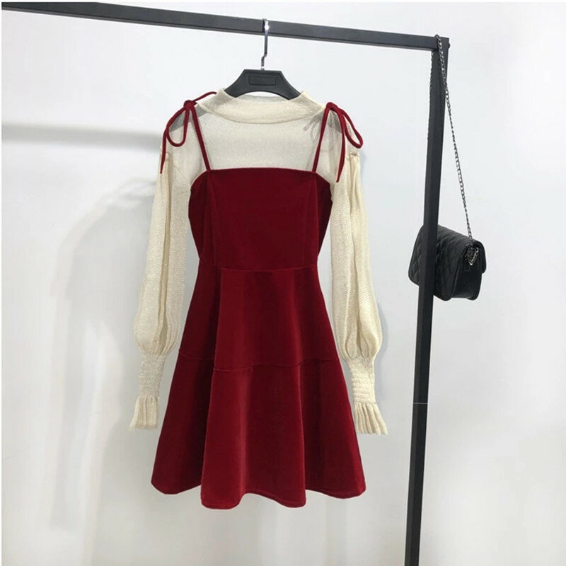 2022 New Hit Spring Autumn Elegant Women Transparent Lantern Long Sleeves Tops+ Dress Set 2pcs Suit Party Birthday Gift