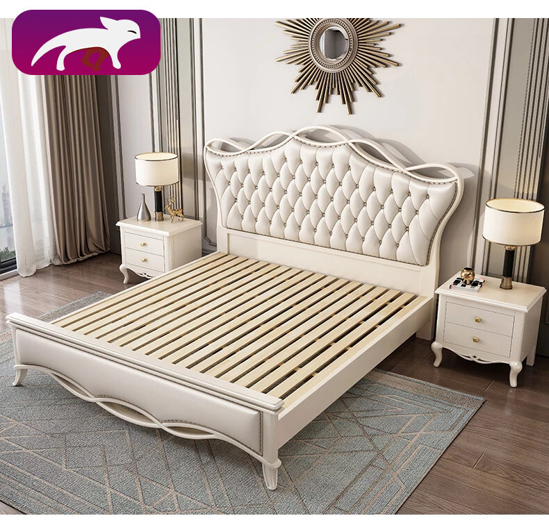 Cama de madeira quarto de casal luxuosa, tipo confortável, cama de couro europeu, entregue a porta, quarto grande