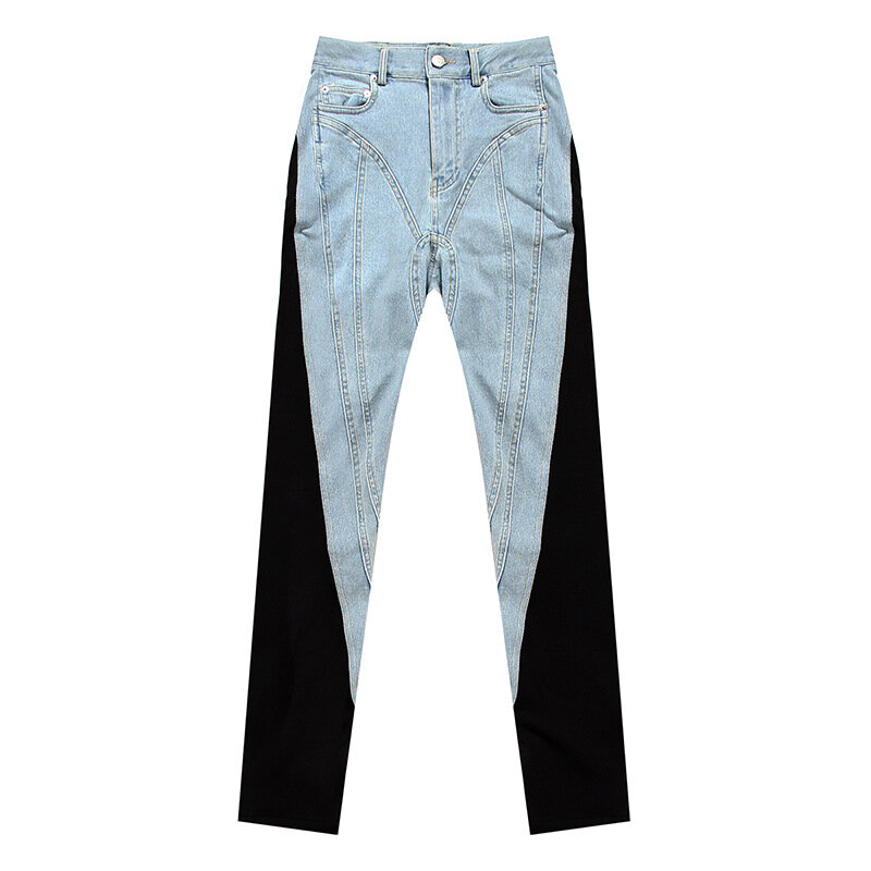 2023 Spring New Stretch Jeans Line Sense Personality Contrast Color Stitching  Washed Light-Colored Street Trousers