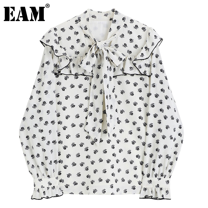 [EAM] ผู้หญิงรูปแบบสีขาวพิมพ์ขนาดใหญ่เสื้อใหม่คอยาวแขนยาวหลวมเสื้อแฟชั่นฤดูใบไม้ผลิฤดูใบไ...
