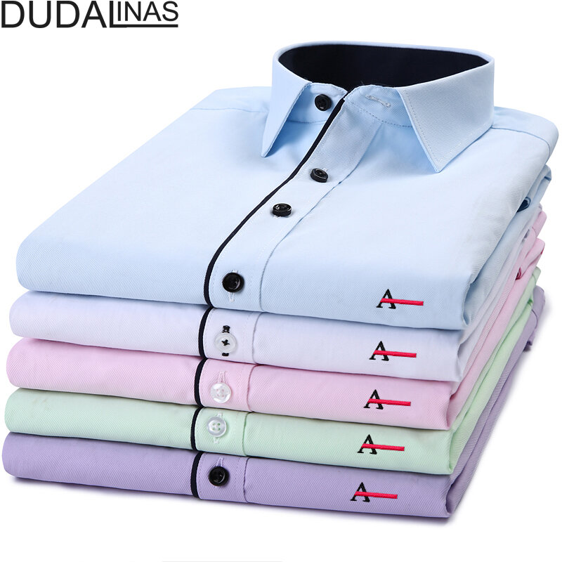 قميص رجالي Dudalinas Aramy Camisa الاجتماعية من نسيج التويل قمصان غير رسمية بقصة ضيقة كم طويل قميص رجال أعمال