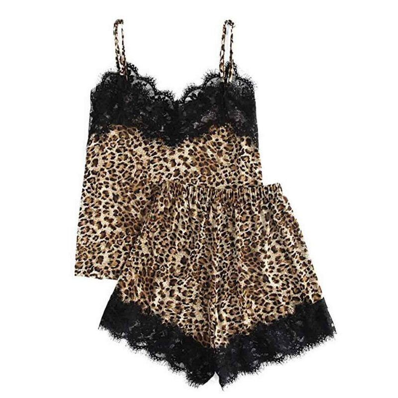 Pyjama en dentelle imprimé léopard Pour femmes, 2 pièces, Lingerie, ensembles mignons, sous-vêtements et Shorts