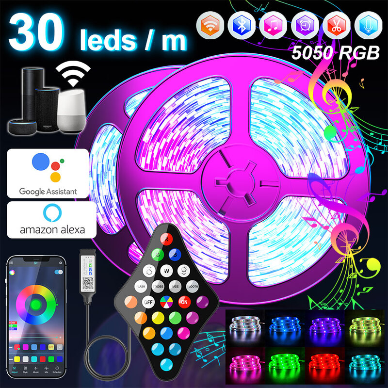 Tira de luces LED RGB con Wifi, cinta de luz Led de neón de 12V, Bluetooth 5050, 30LED por metro, cinta Flexible de diodo, decoración de habitación con Alexa