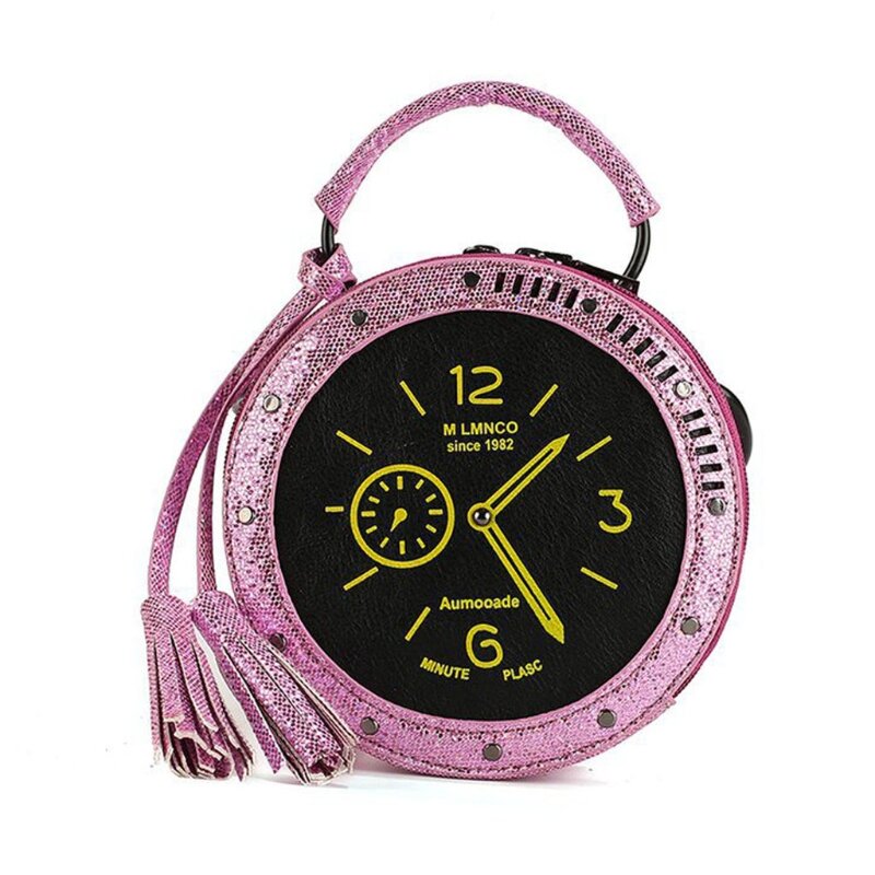 Women Clock Shape Crossbody Bag PU Leather Sequin Shoulder Bags Tassel Handbag L41B