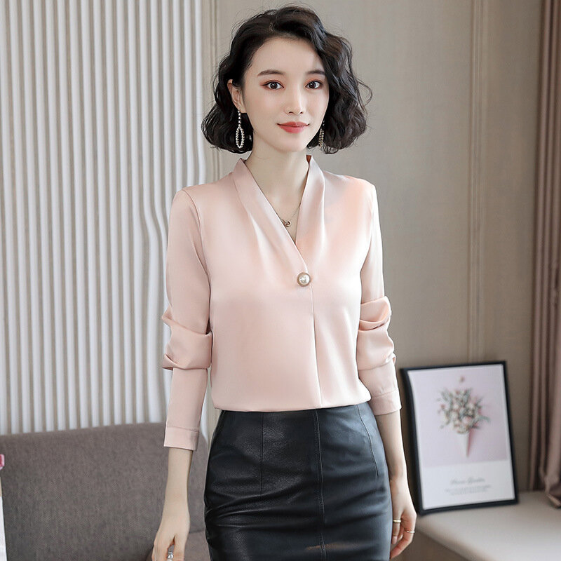 Blusas Mujer De Moda 2021 V-neck Office Ladies Tops Long Sleeve Women Chiffon Blouse Women Tops Womens Tops And Blouses