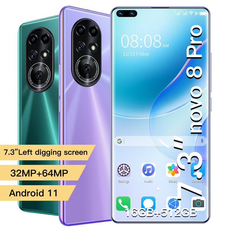 Huawei-nov8 Pro 5G 스마트폰 글로벌 버전 MTK6889 + 데카 코어 64 MP 카메라 16G 512G 7.3 인치 HD 스크린 6800mAh 휴대폰, 스마트폰