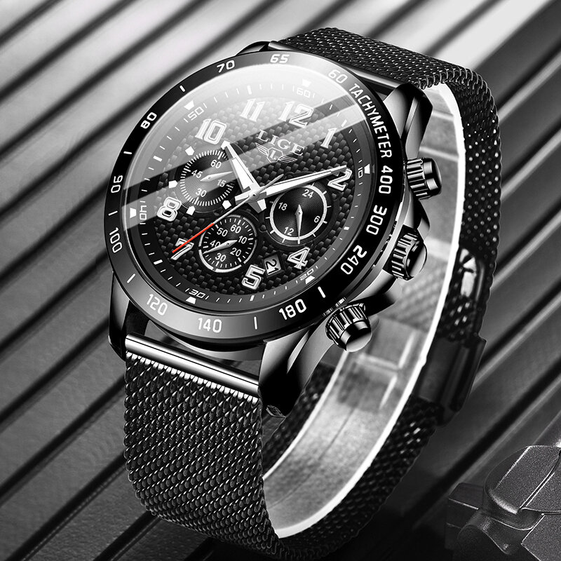 2020 LIGE Mens Watches Top Luxury Brand Business Watch Men Chronograph Full Steel Waterproof Analog Quartz Wristwatch Male Clock