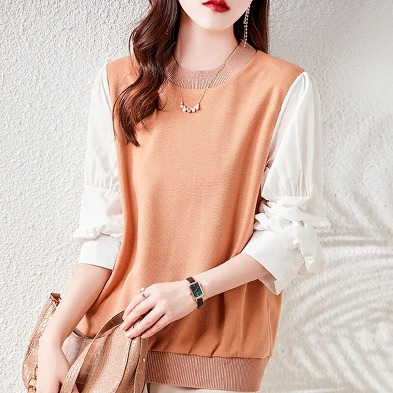 Fake Two Splicing Knitting Sweater Womens 2021 Autumn Winter Fashion Casual Loose Long Sleeve Knitting Shirt Tops