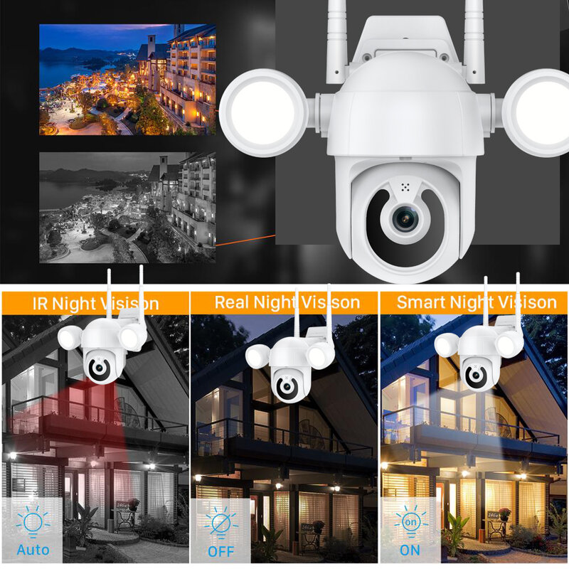الكاشف فناء الإضاءة WIFI كاميرا 3MP PTZ IP لاسلكية في الهواء الطلق CCTV IR IP66 المنزل حديقة الأمن 3M تمديد كابل