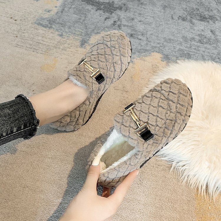 Ladies Cotton Loafers Shoes Female Metal Slip-On Fur Lady Shoes For Women 2021 Autumn Winter New Flock Female Flats
