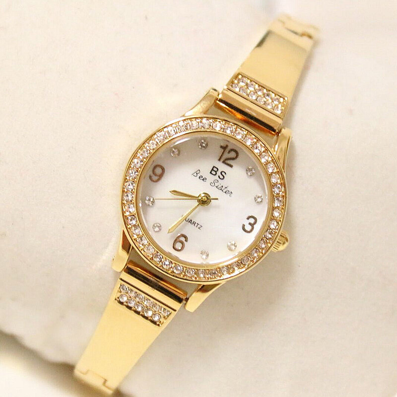 Часы наручные женские кварцевые, роскошные золотистые с бриллиантами, с браслетом из нержавеющей стали