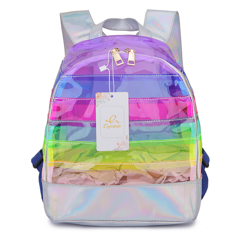 Fashion Women's Backpack Color Striped Laser Plastic See Through Security Transparent Backpack Bag Ladies Travel Bag Ladies Bag