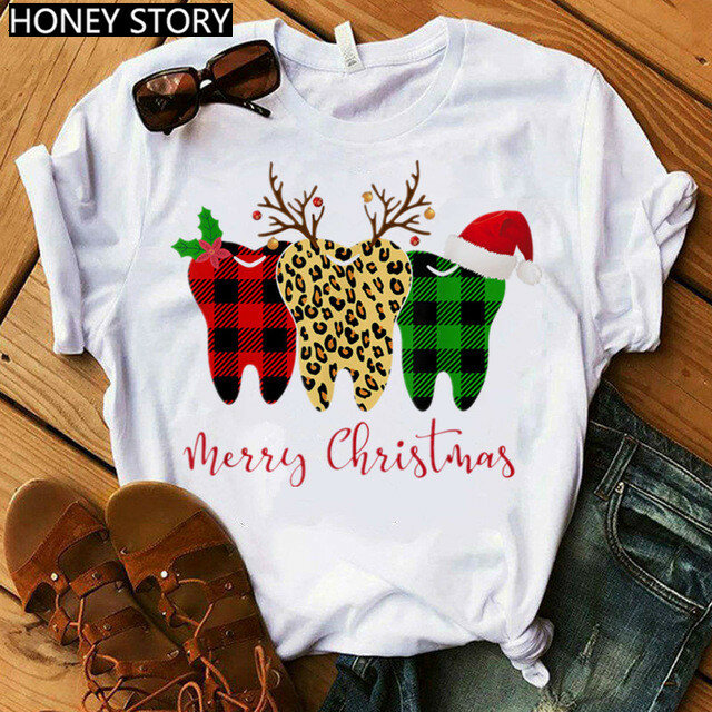 ZOGANKIN-Camiseta de Navidad con estampado de dentista para mujer, camiseta divertida de Navidad de manga corta, ropa de algodón informal para mujer