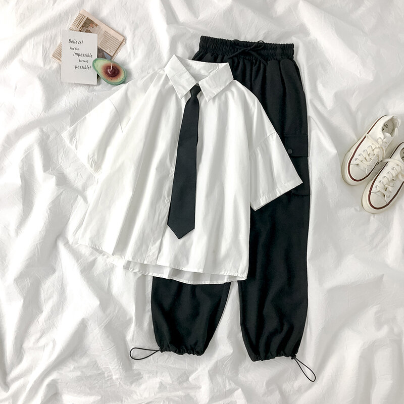 Preppy Style blanc femmes chemises 2020 été nouveau décontracté tout Match à manches courtes étudiant chemises avec cravate Outwear hauts