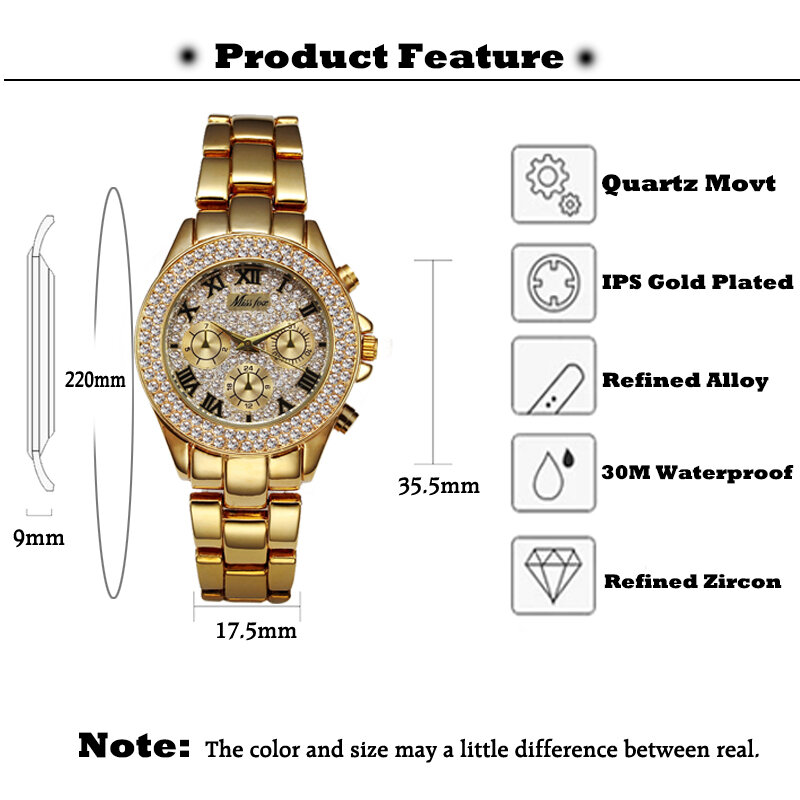 MISSFOX-relojes de lujo para mujer, reloj de pulsera de cuarzo con cronógrafo falso y números romanos, de oro de 18K, a la moda, 2020