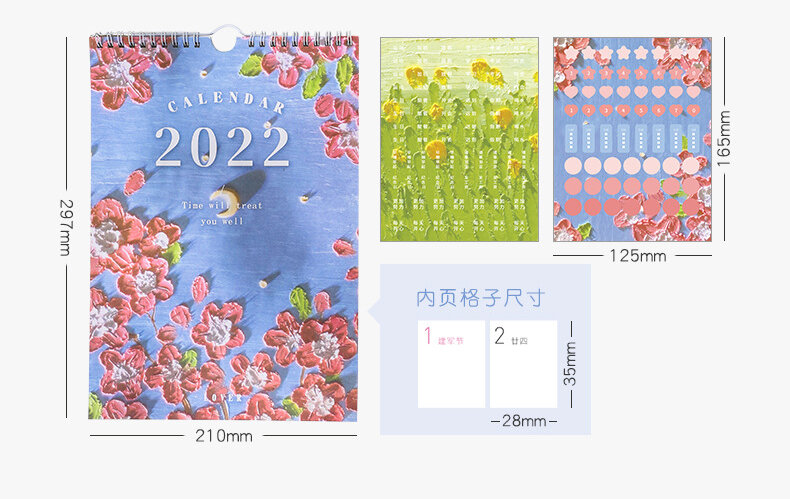 Calendario de flores de primavera Kawaii, calendario de pared de bobina, horario creativo de escritorio, recordatorio de fecha, planificador sl3132, novedad de 2022