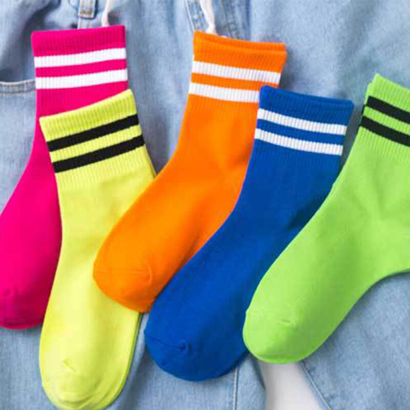 Хлопковые свободные полосатые короткие носки, женские модные цветные красивые Ретро длинные носки в стиле Харадзюку, флуоресцентные цветн...