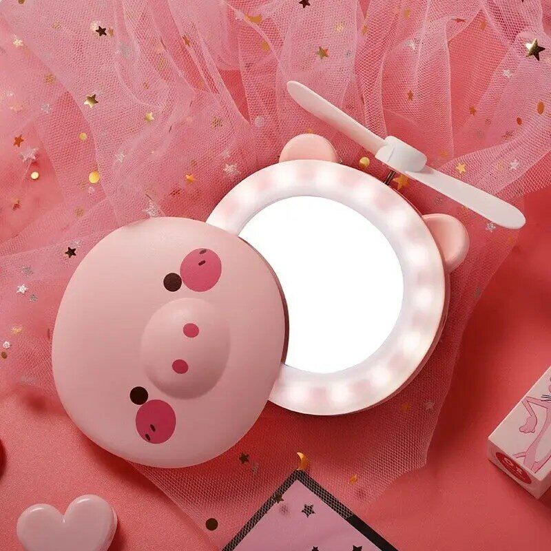 Piggy beauty makeup mirror fan usb rechargeable mini cute led light portable mini fan