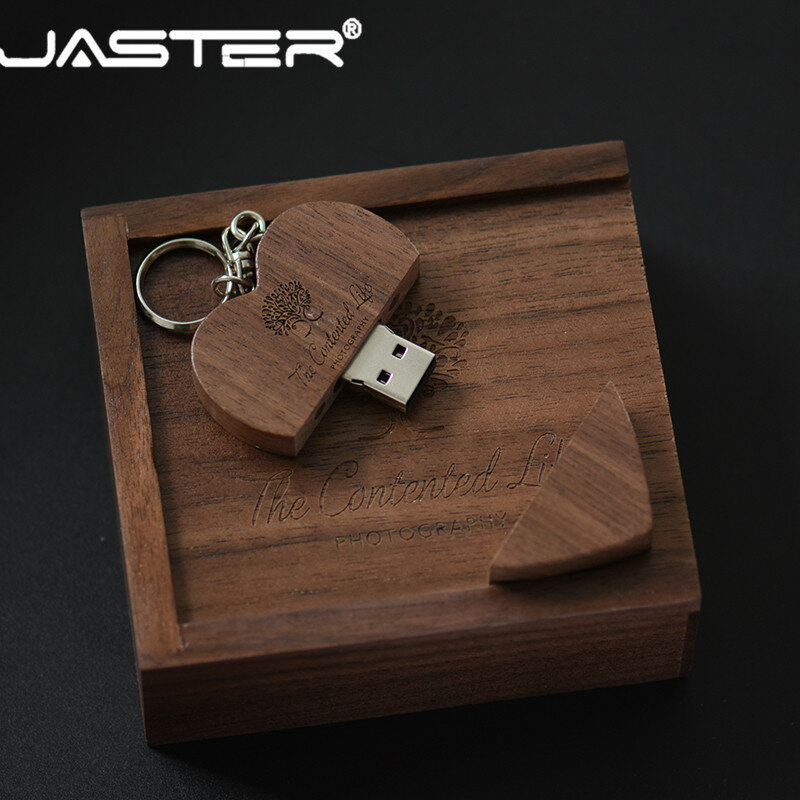 Jaster pendrive usb 2.0, de madeira, 64gb, 128gb, coração + caixa, 8gb, 16gb, usb 2.0, 32gb, armazenamento externo