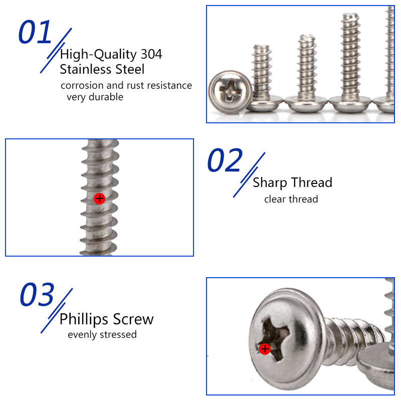 M2-M4 304 Phillips Round Head Flat Tail Self-Tapping Screw Button Head Small Screws with Collar Cross Recessed Machine Screw