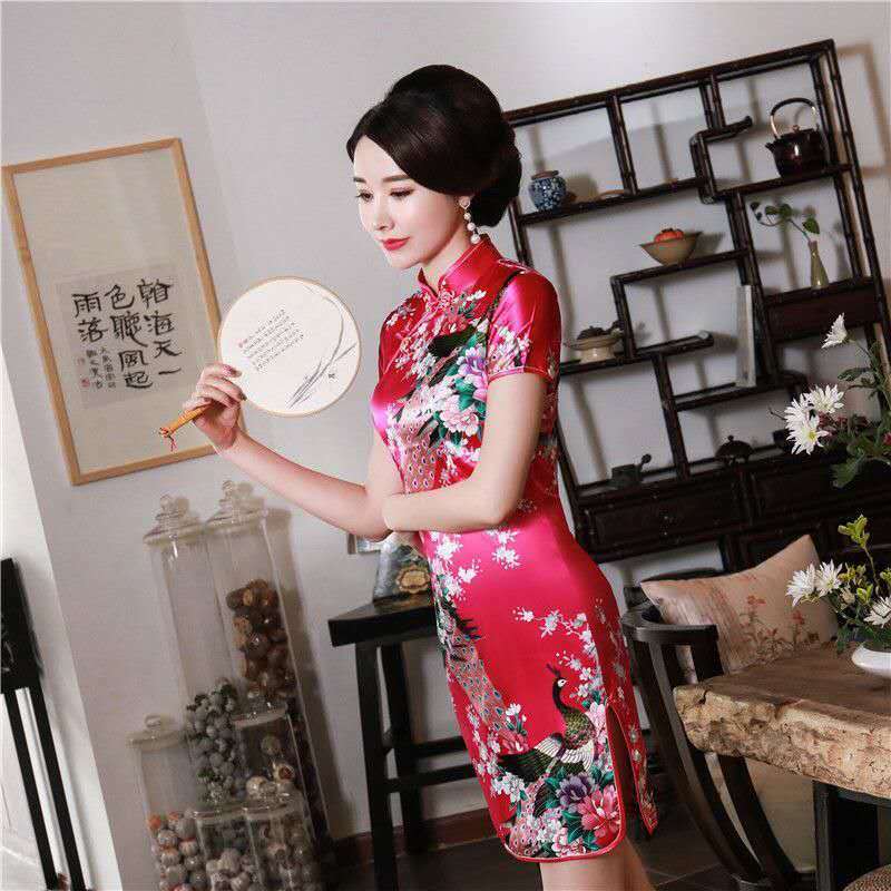 Impressão noiva vermelha curto casamento qi pao cheongsam qipao vestido preto rosa branco azul mini vestido de dama de honra chinês