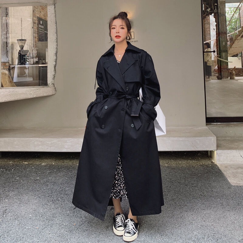 Koreański styl luźny ponadgabarytowy x-długi damski trencz dwurzędowy pasiasty damski płaszcz wiatrówka wiosna jesień odzież wierzchnia szary