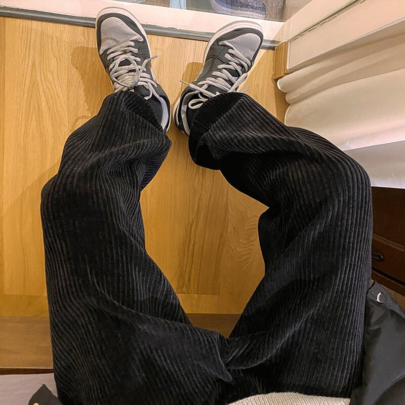 Брюки мужские прямые вельветовые однотонные, повседневные брюки оверсайз с завязками, теплые уличные штаны в Корейском стиле