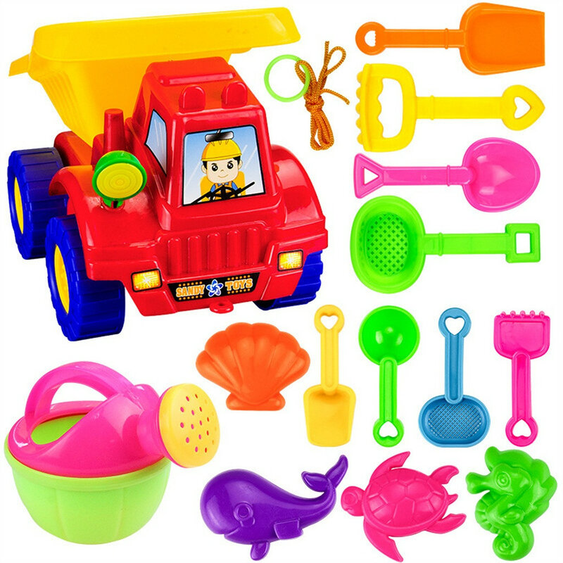 Novos brinquedos de praia playset deluxe para crianças-14 peças grande caminhão basculante areia pá conjunto joouets plage brinquedos educativos interativos