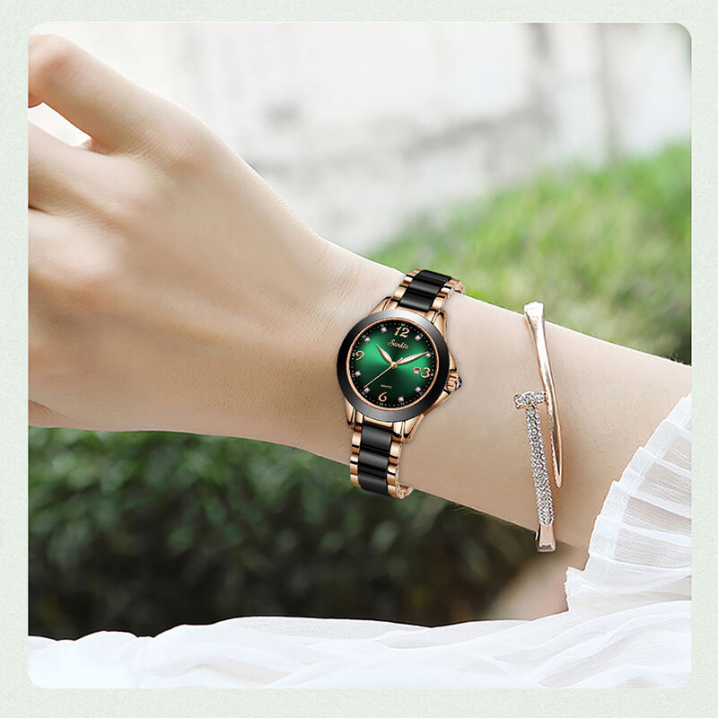 Sunkta 2022 relógio feminino moda luminosa mãos data lndicator pulseira de aço inoxidável quartzo relógios de pulso senhora verde água fantasma