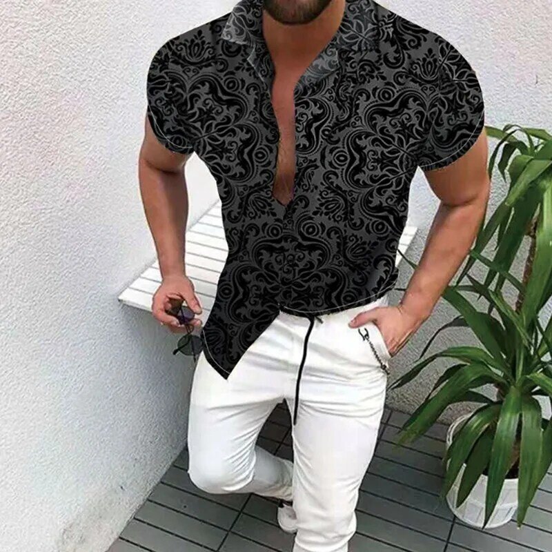 Summer National Style Men's Printed Hawaii Casual Shirts Men's Clothing  High-End Daily Beach Short Sleeve Shirt S-3XL