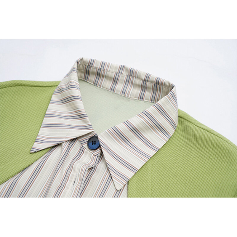 Camisa de manga larga con solapa para mujer, camisa de dos piezas con contraste falso, empalme de rayas, ropa de calle coreana, primavera y otoño, 2021