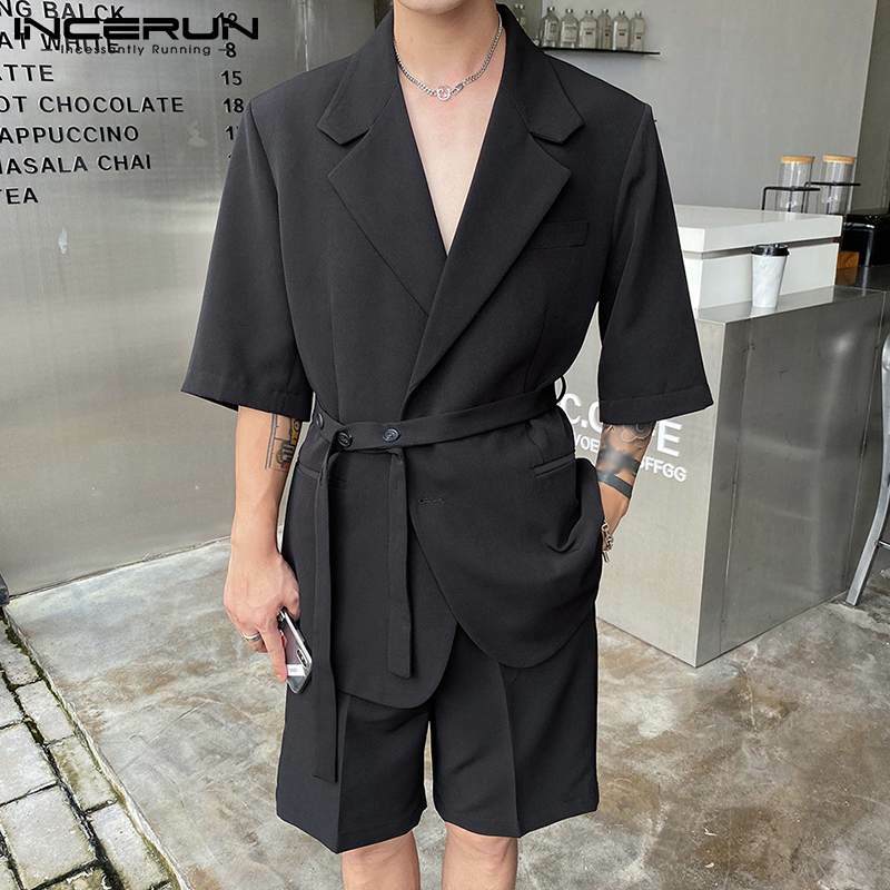 INCERUN 2021 Set Pas Pria Bergaya Celana Pendek Lengan Menengah Kasual Streetwear Ikat Pinggang Warna Solid Setelan Nyaman S-5XL