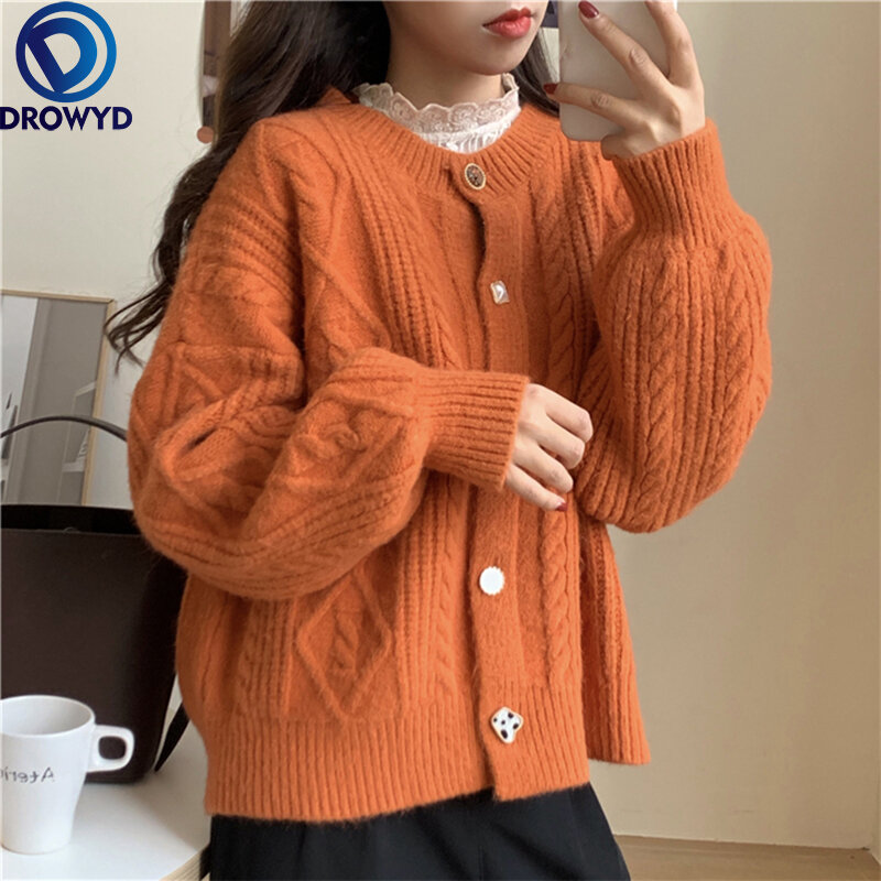 2021 Female Retro Hong Kong Flavor Autumn and Winter Loose Outer Wear Thick All-match Blouse Lazy Wind Single-breasted Sweater