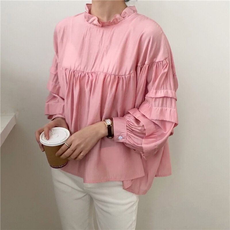 Новинка осени 2021, модная повседневная однотонная блузка с круглым вырезом и рукавами-фонариками в японском стиле, корейская мода, простота, ...