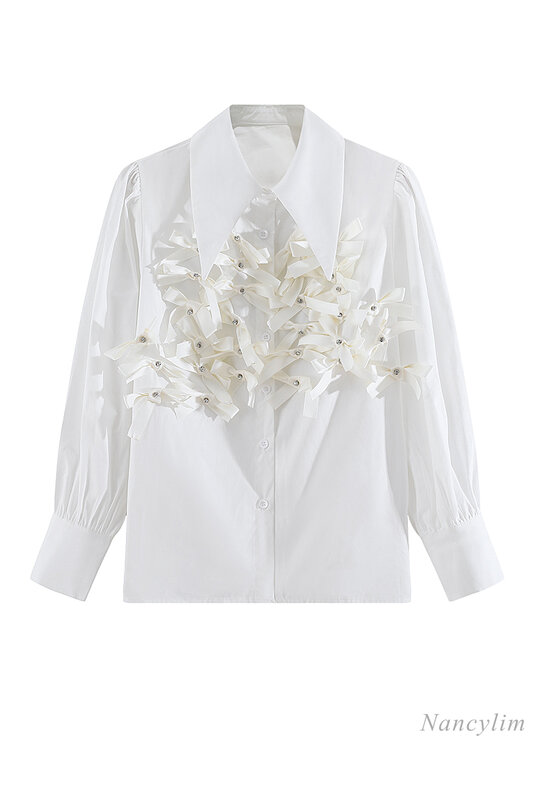 قميص نسائي من القماش الأبيض ، بلوزة فضفاضة بأكمام طويلة مع فيونكة من حجر الراين ، بلوزة مزخرفة ، ربيع وخريف 2021